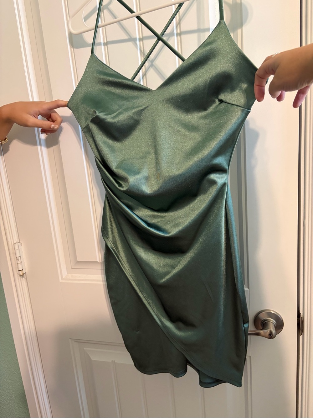 Windsor Satin Strappy Mini Dress in Forest Green